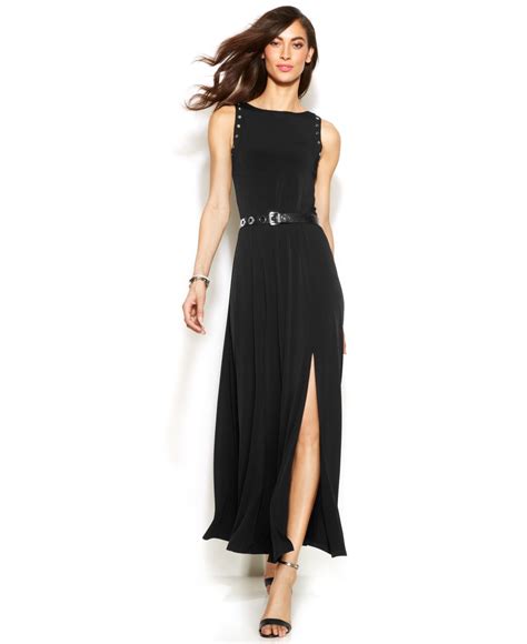 michael kors black gold long belted dress|Michael Kors black studded dress.